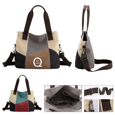 Vintage Color-Block Handheld Canvas Tote Bag
